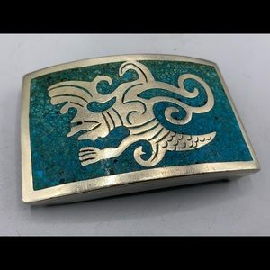 Vintage Silver Alpaca Mexico Crushed Turquoise Belt Buckle